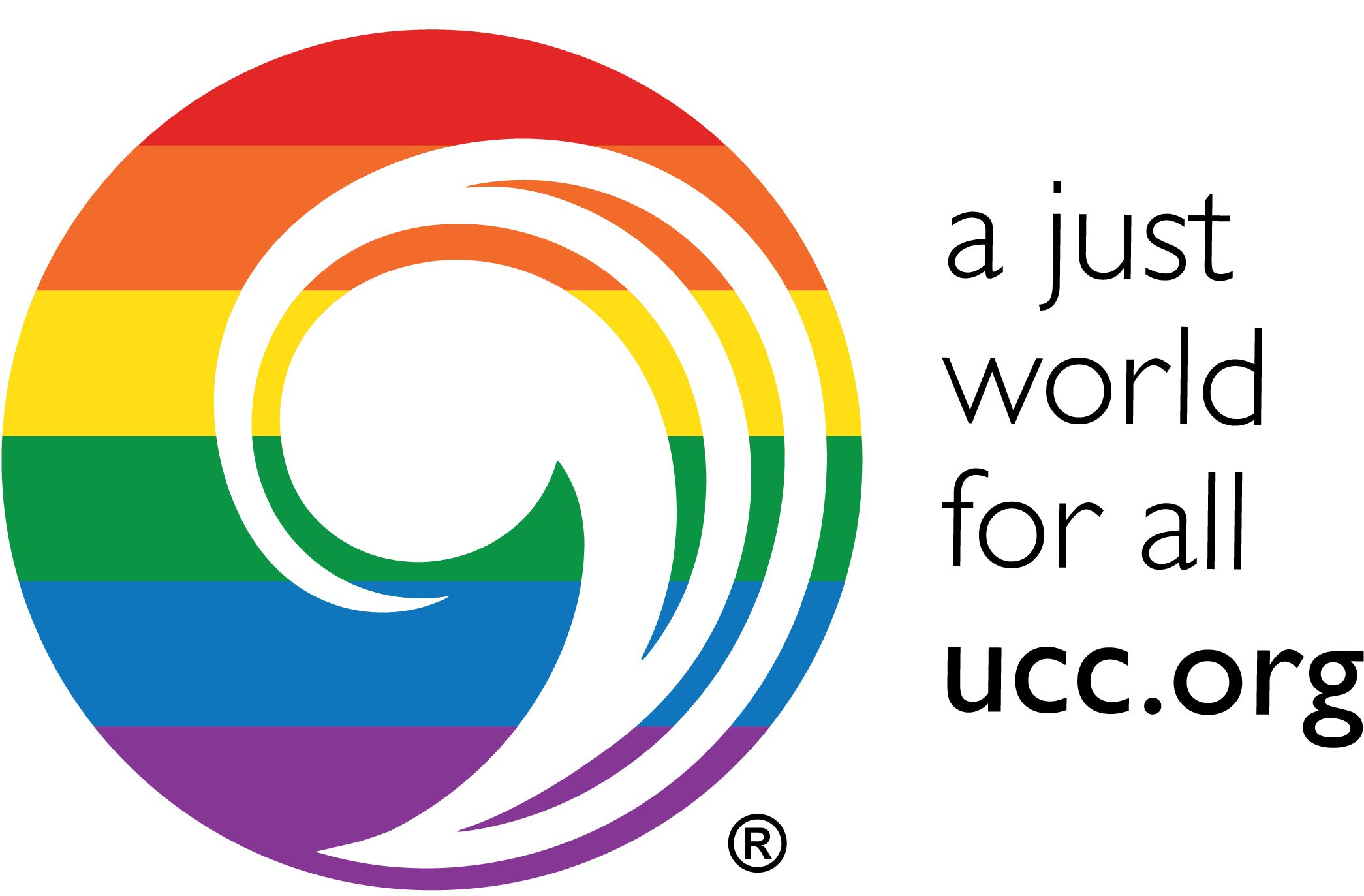 rainbow comma logo with the words "a just world for all"